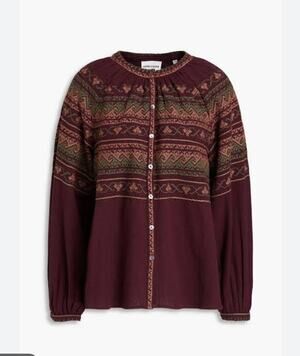 Antik Batik Luna Embroidered Cotton Blouse in Burgundy size S Boho Peasant